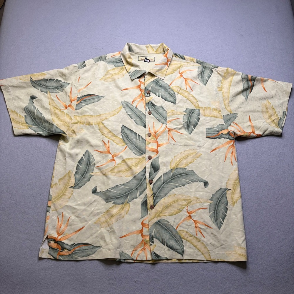 Tommy Bahama Shirt Mens XL Yellow Silk Bird of Paradise‎ Tropical Camp Button Up